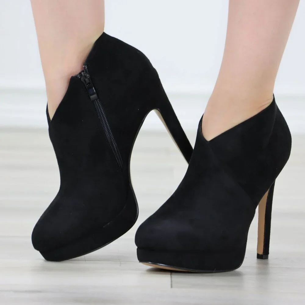 Black High Heel Platform Ankle Boots Stilettos Faux Suede - Picture 2 of 15